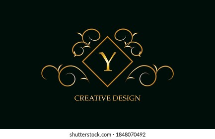 Diseño de logotipo con el elemento monograma de letra Y sobre fondo oscuro. Ornamento de oro para restaurante, club, boutique, café, hotel, tarjetas de visita.