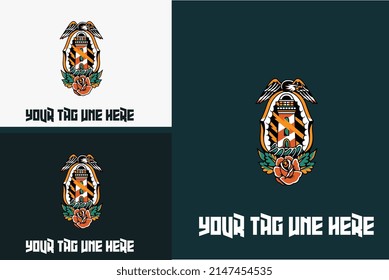 logo design of lighthouse and flower vector illustration