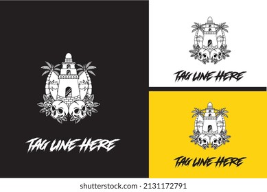 logo design of lighthouse and head skull vector black and white