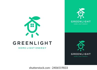 Logo-Design für Beleuchtungs- oder Energiesparlampen oder Leuchten, die mit dem Haus leuchten und Blätter
