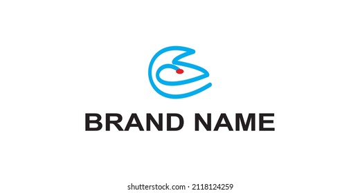 logo design with a line shape like a bird's head combined with blue and red
