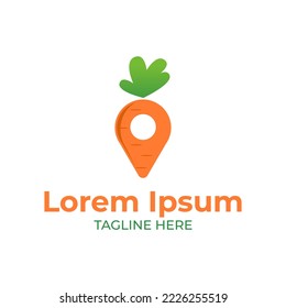 Logo design for locally grown farm fresh products. Food logo with carrot, leaf, fork and location point pin sign. Food symbol vector illustration.