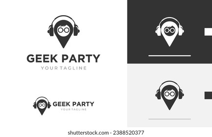 Logo design location pin genius geek travel journey eye pin headphone headset music party spectrum person smart tech icon symbol sign vector design template modern simple flat emblem business favicon