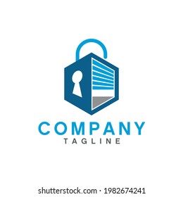 logo design of a lock in the form of a warehouse or storage with an open rolling door