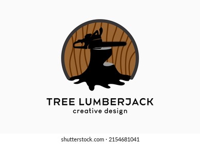 Logo design for loggers or sawmills, silhouettes of chainsaws combined with tree icons on a wood motif background