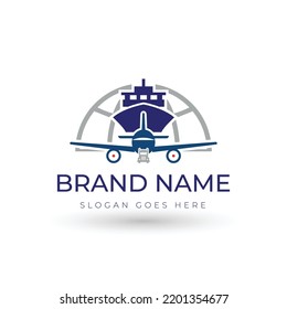 Logo design for the logistics industry with airplanes, ships and trucks