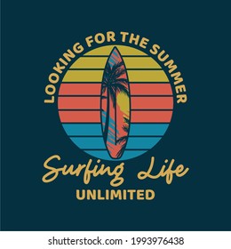 logo design looking for the summer surfing life unlimited with surf board flat illustration