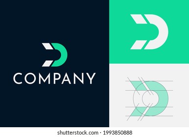 Logo Design For A Magnet Company. Letter D And Magnet Shape Are Combined. Clean And Simple. Grid system. Green and blue colors are used.