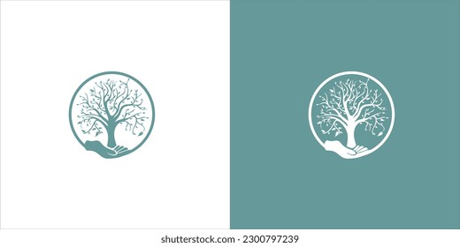 logo design A majestic circle of Tree and hand looming in the distance, a breathtaking view.