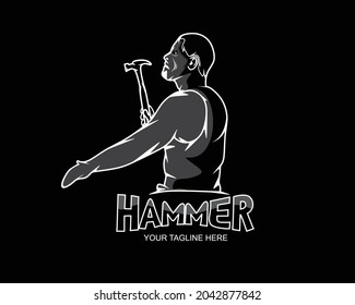 Diseño del logotipo del hombre que sostiene un vector de martillo