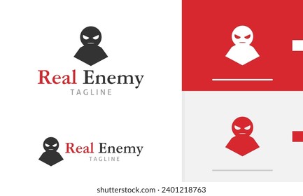 Logo design man spy agent doll mascot character with angry face looking scary and rage for technology company icon symbol sign futuristic vector design template modern flat business web favicon