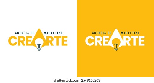 Diseño de logotipo para una agencia de marketing que se muestra en dos variaciones. La primera versión presenta un fondo blanco, mientras que la segunda tiene un fondo amarillo vibrante