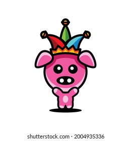 Logo Design Mascot Cartoon Pig with Joker Hat