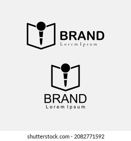 a logo design with a microphone monogram and a book