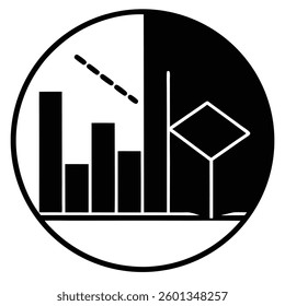 Logo design, minimalist, black and white, circular frame, bar graph, geometric shapes, abstract, data visualization, 