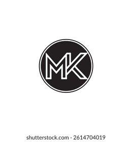 Logo design, minimalist, black and white, circular emblem, MK initials, geometric typography, bold contrast, modern branding, sharp lines, negative space, corporate identity, vector graphic