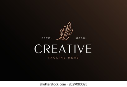 Logo Design of Minimalist Botanical Plant with Slim Leaf. Vintage Modern Vector Line Art Design Template
