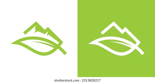 diseño de logotipo Ilustración vectorial de iconos de montaña y hoja minimalista