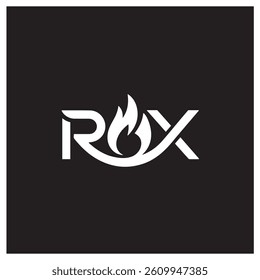 Logo design, minimalist, white on black, stylized text, flame icon, ROX lettering, fire emblem, sleek typography, modern branding, esports team logo, gaming aesthetic, bold graphic design