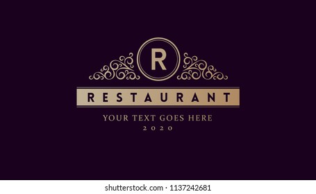 Logo design with monogram element and flourish ornament for restaurant, club, boutique, cafe, hotel cards. Vector illustration