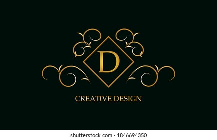 Logo design with monogram element and letter D on dark background. Gold ornament for restaurant, club, boutique, cafe, hotel, business cards.