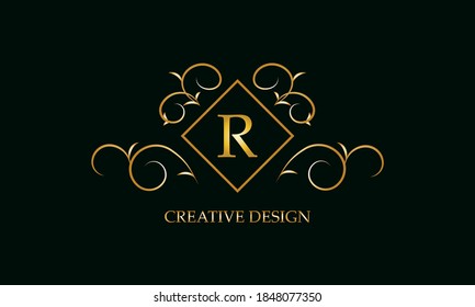 Logo design with monogram element and letter R on dark background. Gold ornament for restaurant, club, boutique, cafe, hotel, business cards.