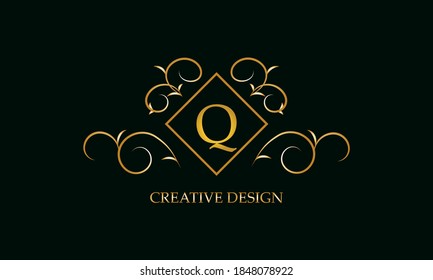 Logo design with monogram element and letter Q on dark background. Gold ornament for restaurant, club, boutique, cafe, hotel, business cards.