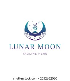 Logo design Moon and hand gesture, plants nature, seed, green. Abstract concept of growth, cosmetic, organic, mystical. Moon and Stars.