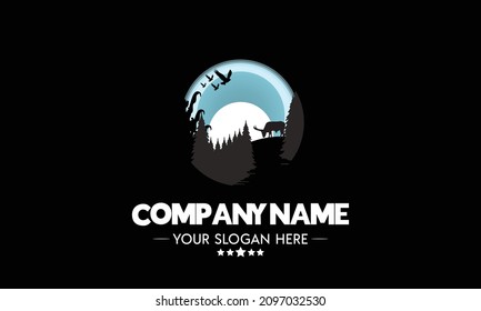 logo design moon light silhouette of forest animal vector, logo template