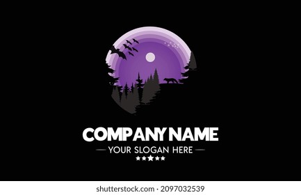 logo design moon light silhouette of forest animal vector, logo template