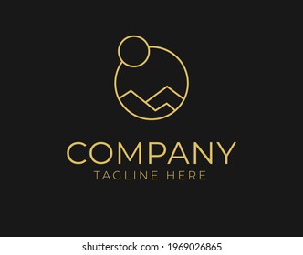 Logo Design of mountain and sun views. Vector Illustration of Minimalist and Modern combines circle objects with mountains and sun in Black Background. Vintage Modern Vector Line Art Design Template