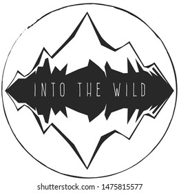 Logo design with mountains. Flat style, engraving. Charcoal circle, hand lettering. Black and white image of mountains and their reflection