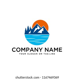 logo design mountains, rivers and sun logo vector template