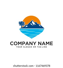 logo design mountains, rivers and sun logo vector template