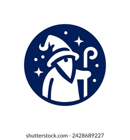 Logo design. A mystical wizard with a question-mark staff under starry skies. Vector. Eps10