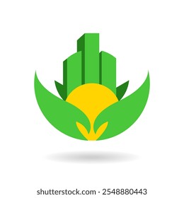 A logo design with a natural theme of leaves and buildings.