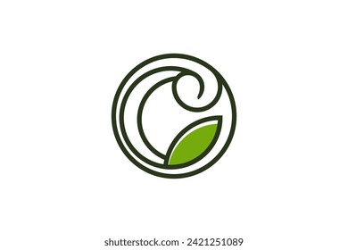 Logo design nature eco friendly illustration, green leaf plant line style.