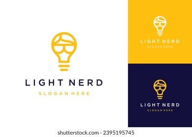 diseño de logo una idea de nerd, o una bombilla con cara y gafas