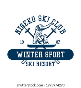 Logo Design Niseko Ski Club Winter Sport Ski Resort 1987 With Man Skiing Vintage Illustration