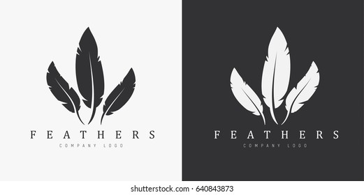 Logo design on a black and white background with three feathers and company name. Template for printed publications, writers. Vector illustration