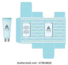 Logo design on cosmetic container and light blue box design template. Illustration vector