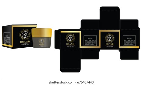 Logo design on cosmetic container with luxury black and gold box design template, mockup box. Illustration vector