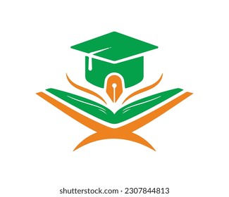Diseño del logotipo Libro abierto con bolígrafo en la parte superior y tapón de graduación