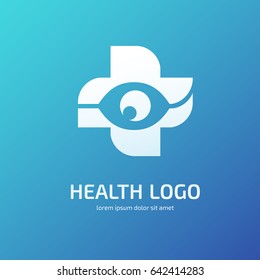 Logo design ophthalmologist vector template. Illustration design of logotype business oculist clinic flat symbol. Eye and cross web icon. Correction of vision pictogram