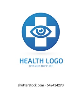 Logo design ophthalmologist vector template. Illustration design of logotype business oculist clinic flat symbol. Eye and cross web icon. Correction of vision pictogram