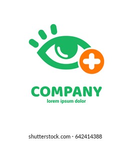 Logo design ophthalmologist vector template. Illustration design of logotype business oculist clinic flat symbol. Eye and cross web icon. Correction of vision pictogram