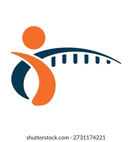 Logo design with orange and blue abstract human figure and bridge symbolizing connection icon
