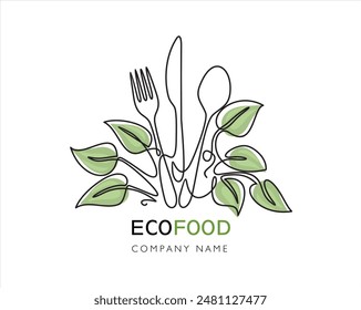 Logo design organic food. Continuous one line drawing of fork, knife, spoon and leafs design icon vector illustration	