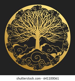 Logo design in oriental style. Sacred tree on top of a mountain. Hand drawn vector illustration