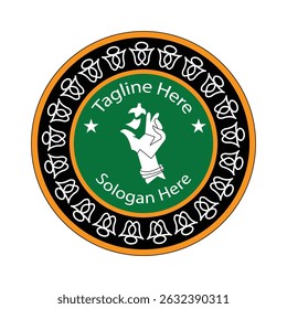 Logo Design outermost ring is black with a golden-orange border and features a repeating pattern of abstract white symbols resembling stylized flowers or bells